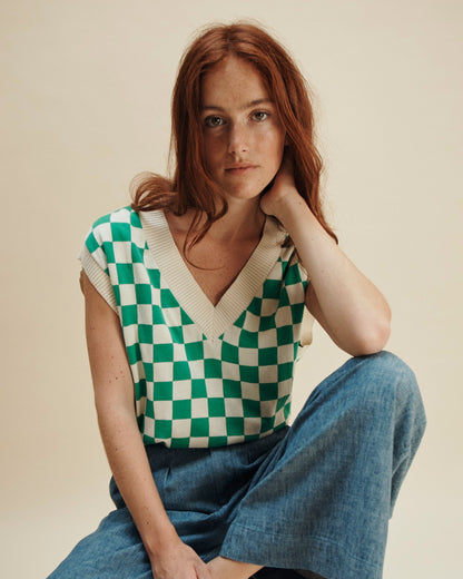Pull damier coton bio vert et blanc