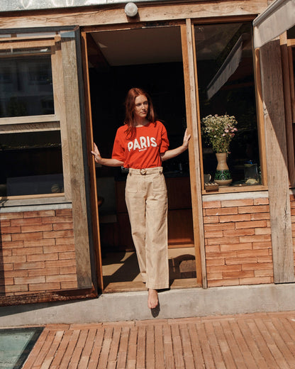 Pantalon toile de coton rayures écru et miel