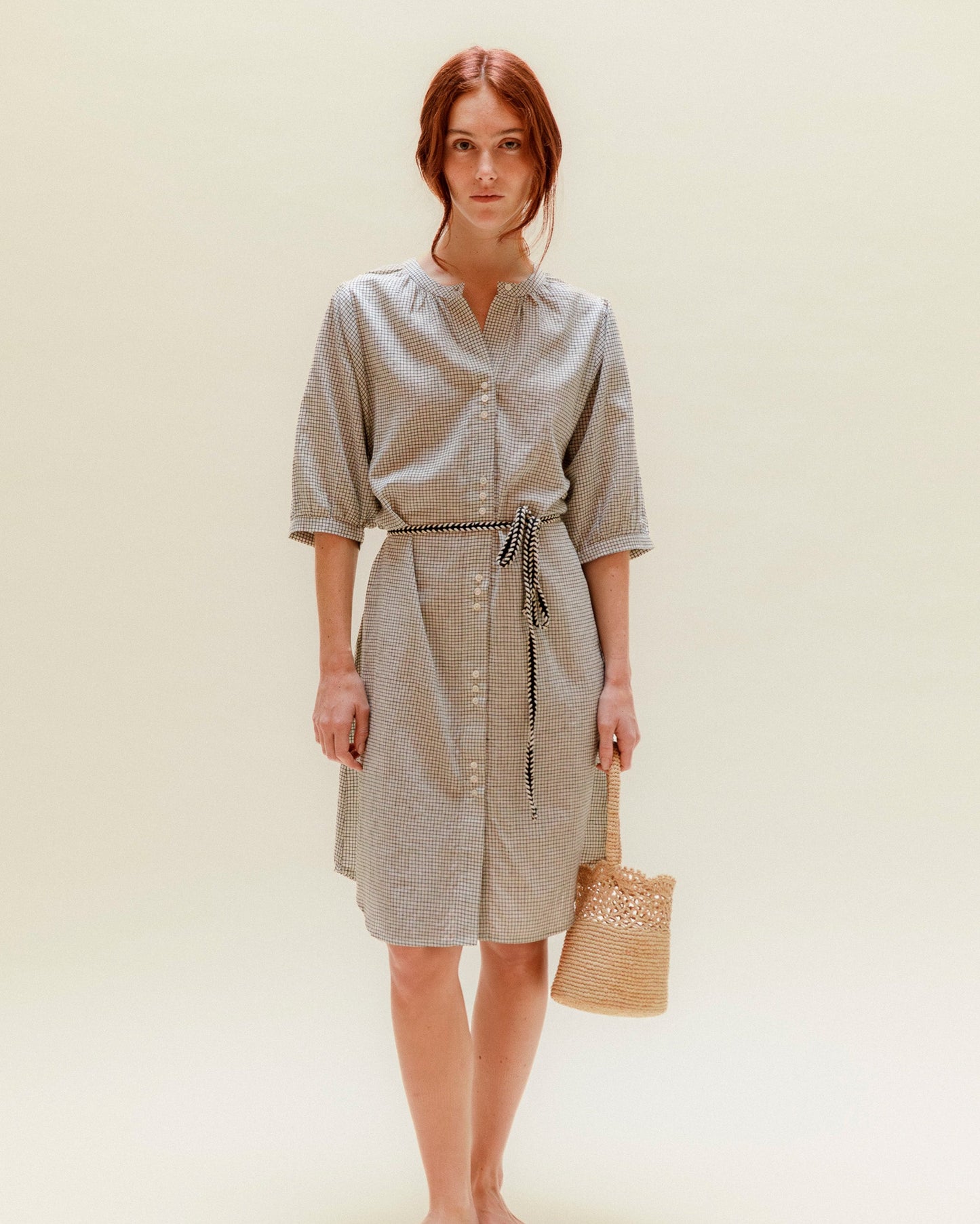 Robe chemisier khadi de coton carreaux noir