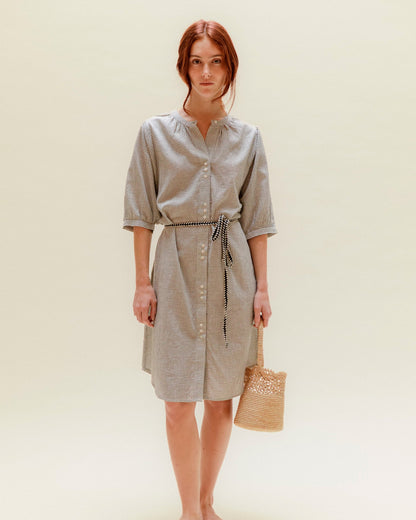 Robe chemisier khadi de coton carreaux noir