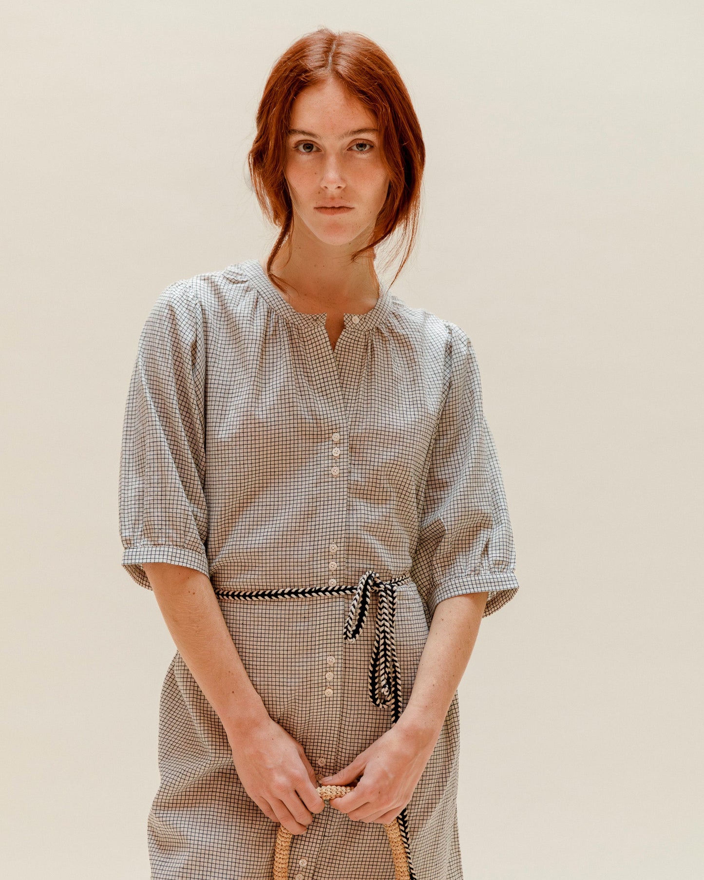 Robe chemisier khadi de coton carreaux noir
