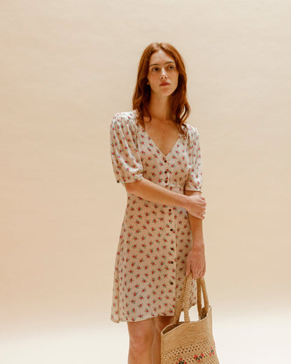 Robe chemisier à fleurs beige