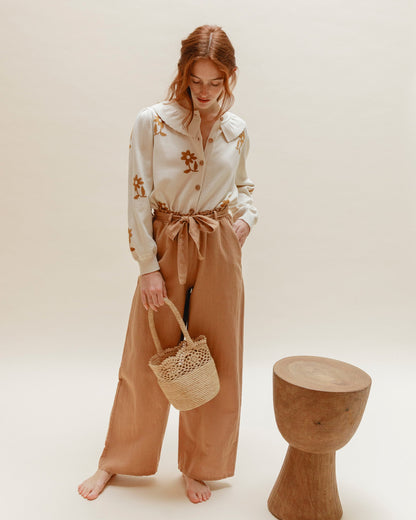 Cardigan fleurs coton bio femme caramel