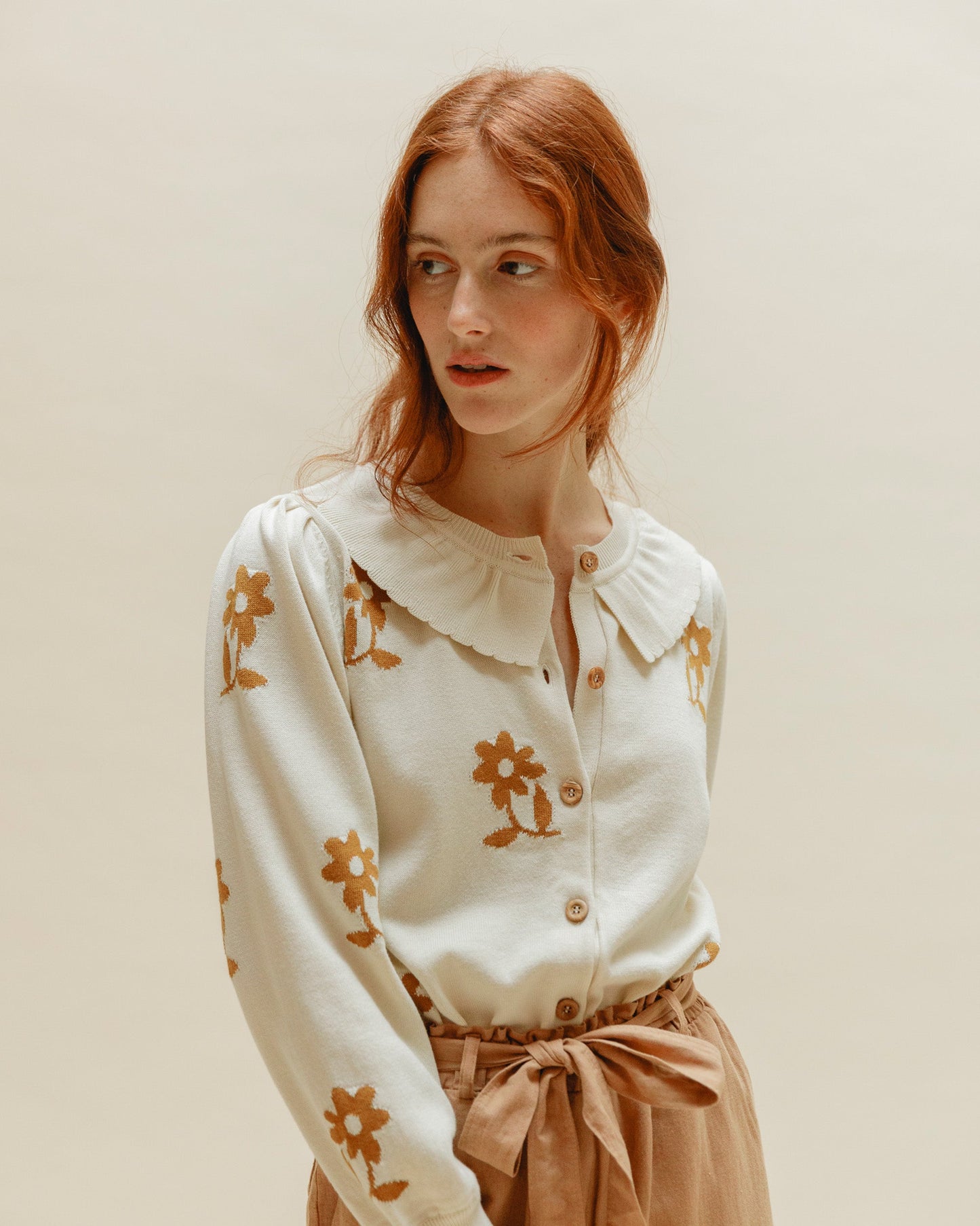 Cardigan fleurs coton bio femme caramel