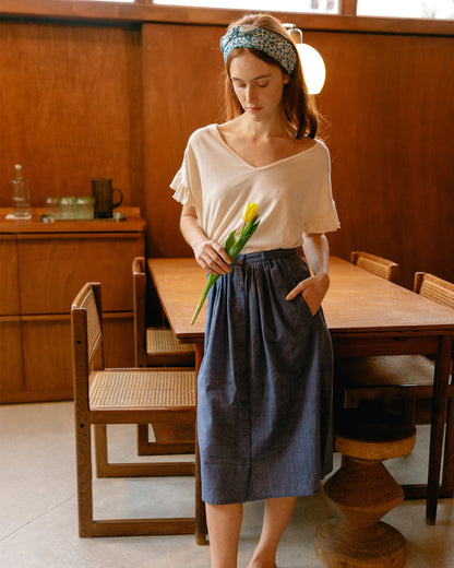 Jupe midi en khadi de coton bleu