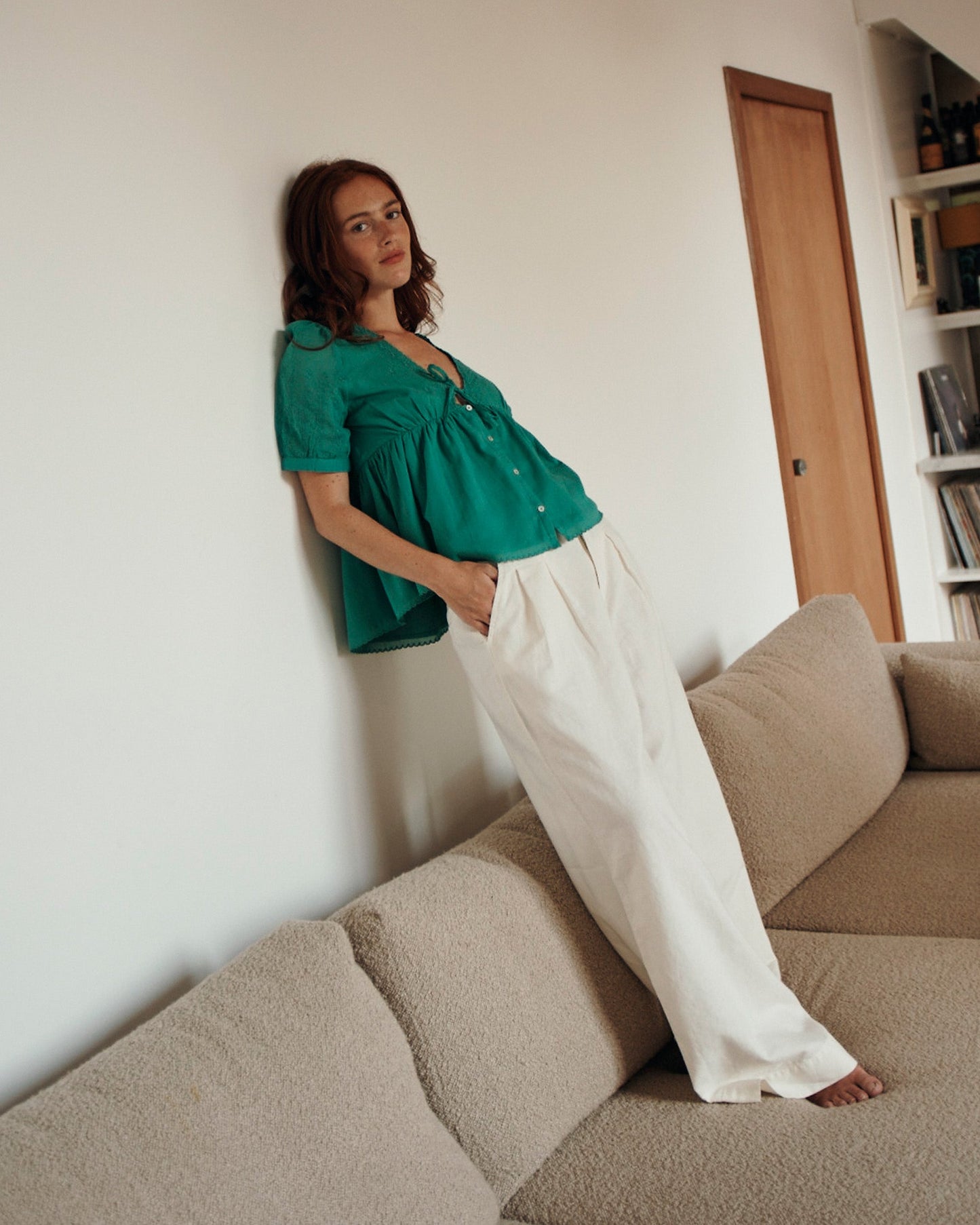 Pantalon palazzo lin et coton blanc cassé