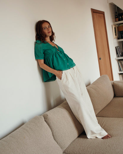 Pantalon palazzo lin et coton blanc cassé
