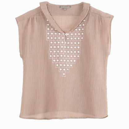 Blouse crépon brodée noisette