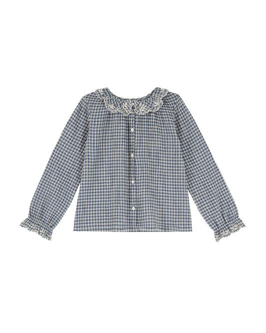 Blouse voile de coton créponné carreau indigo