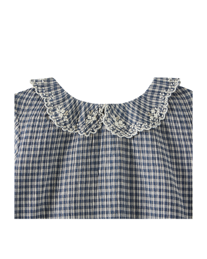 Blouse voile de coton créponné carreau indigo
