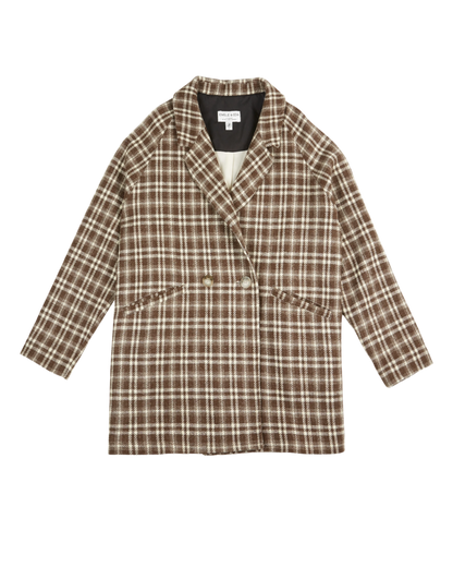 Manteau carreaux laine écru et chocolat