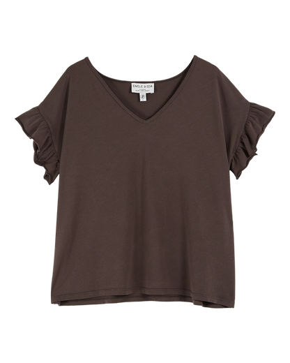 T-shirt col V volanté coton bio bitume