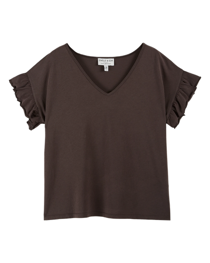 T-shirt col V volanté coton bio bitume