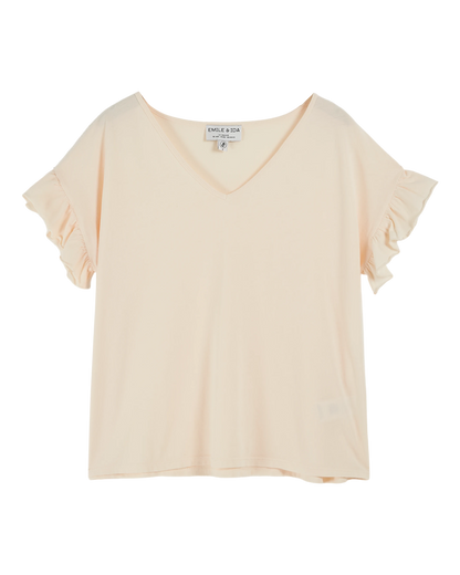 T-shirt col V volanté coton bio crème