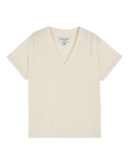 T-shirt col V côte crème