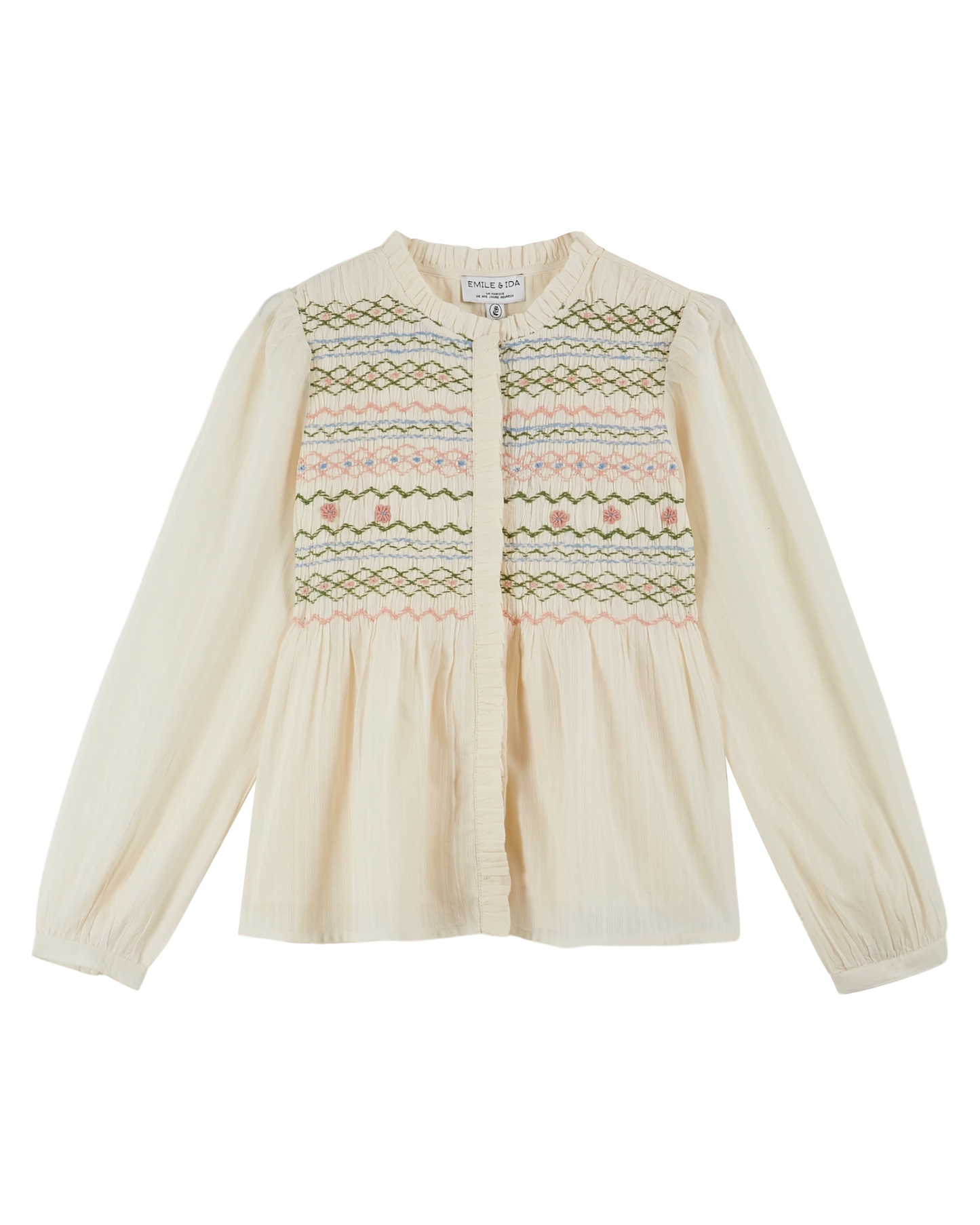 Blouse brodée smockée écru