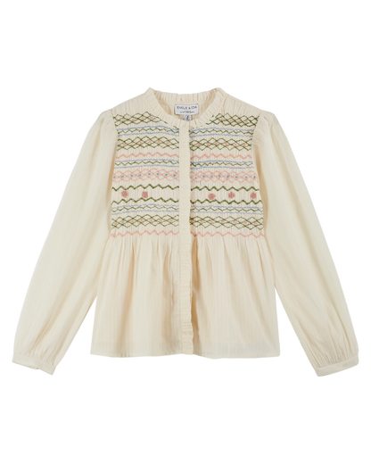 Blouse brodée smockée écru