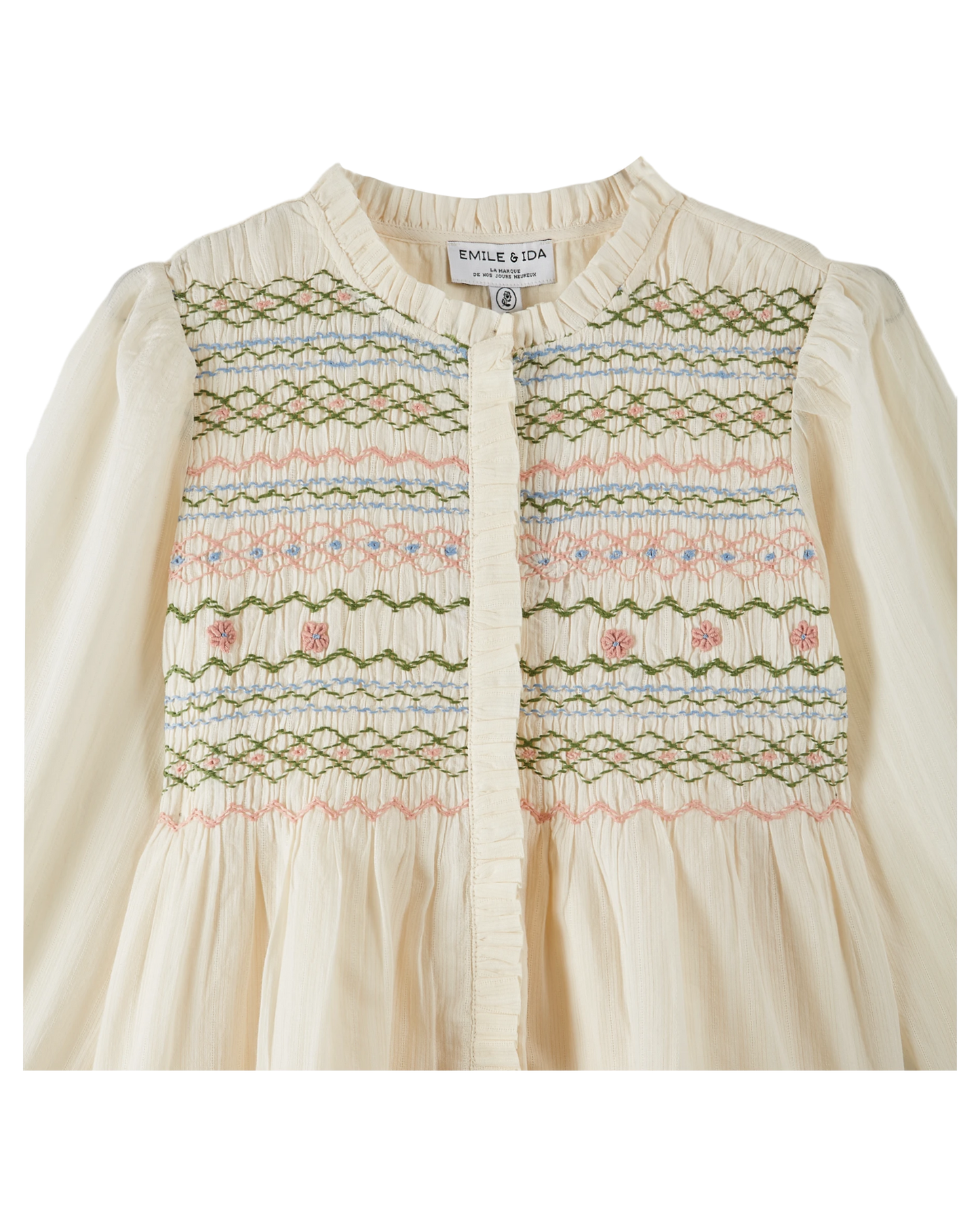 Blouse brodée smockée écru