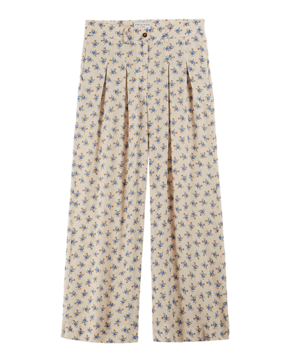 Pantalon palazzo écru fleurs bleues