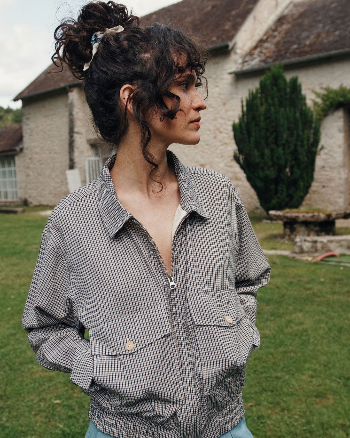 Blouson carreaux noir et marron
