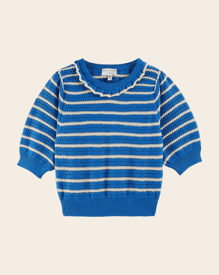 Pull manches courtes rayures bleu