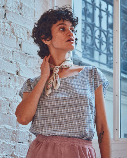 Top khadi carreaux bleu