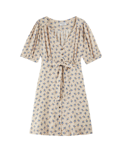 Robe chemisier écru fleurs bleues