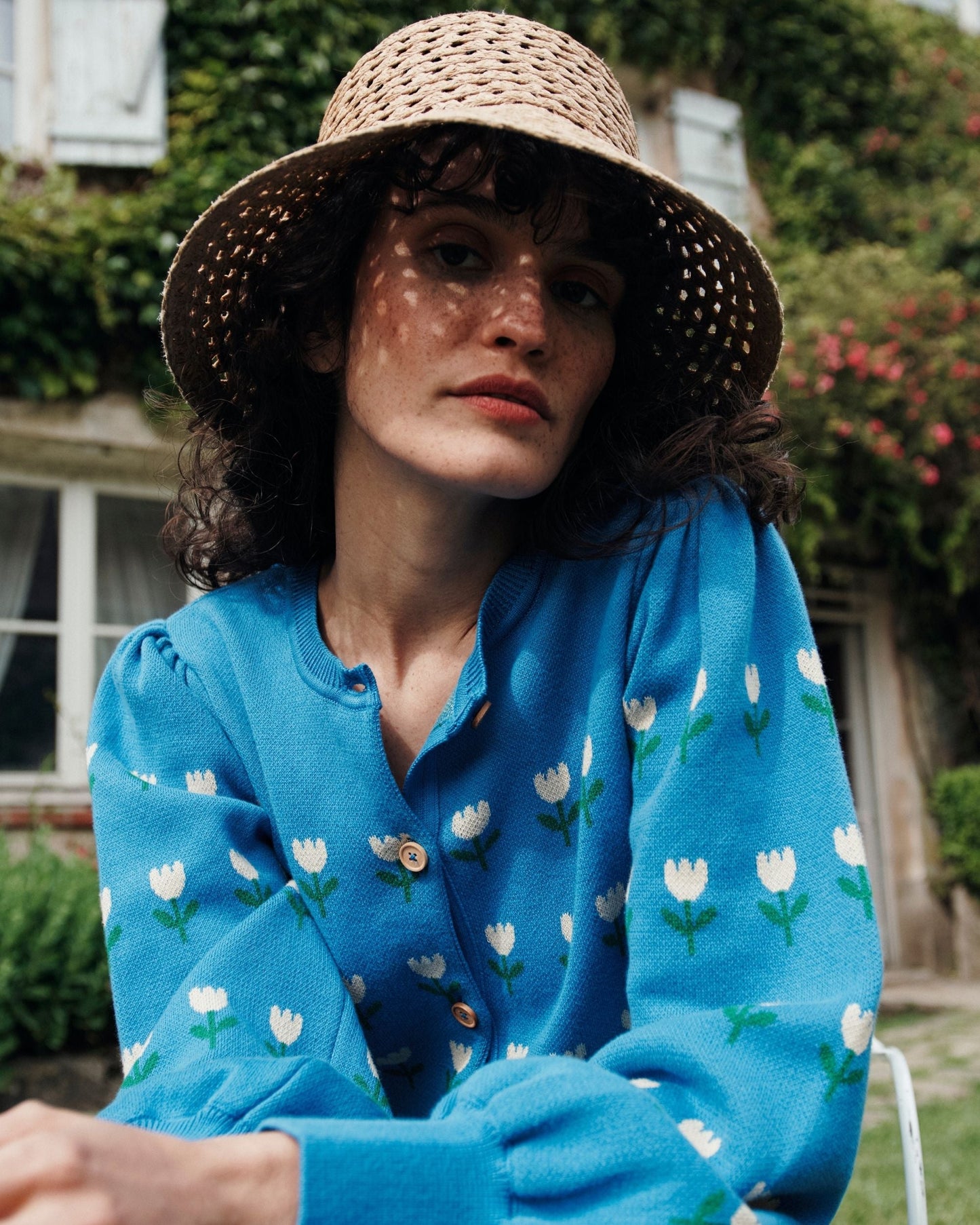 Cardigan jacquard à fleurs coton bio bleu