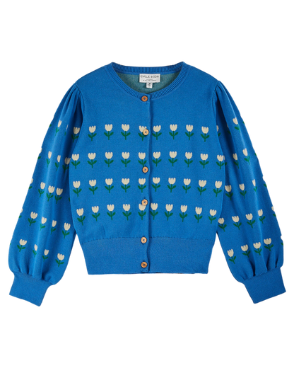 Cardigan jacquard à fleurs coton bio bleu