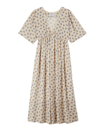 Robe longue écru fleurs bleues