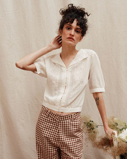 Pantalon large vichy écru et chocolat