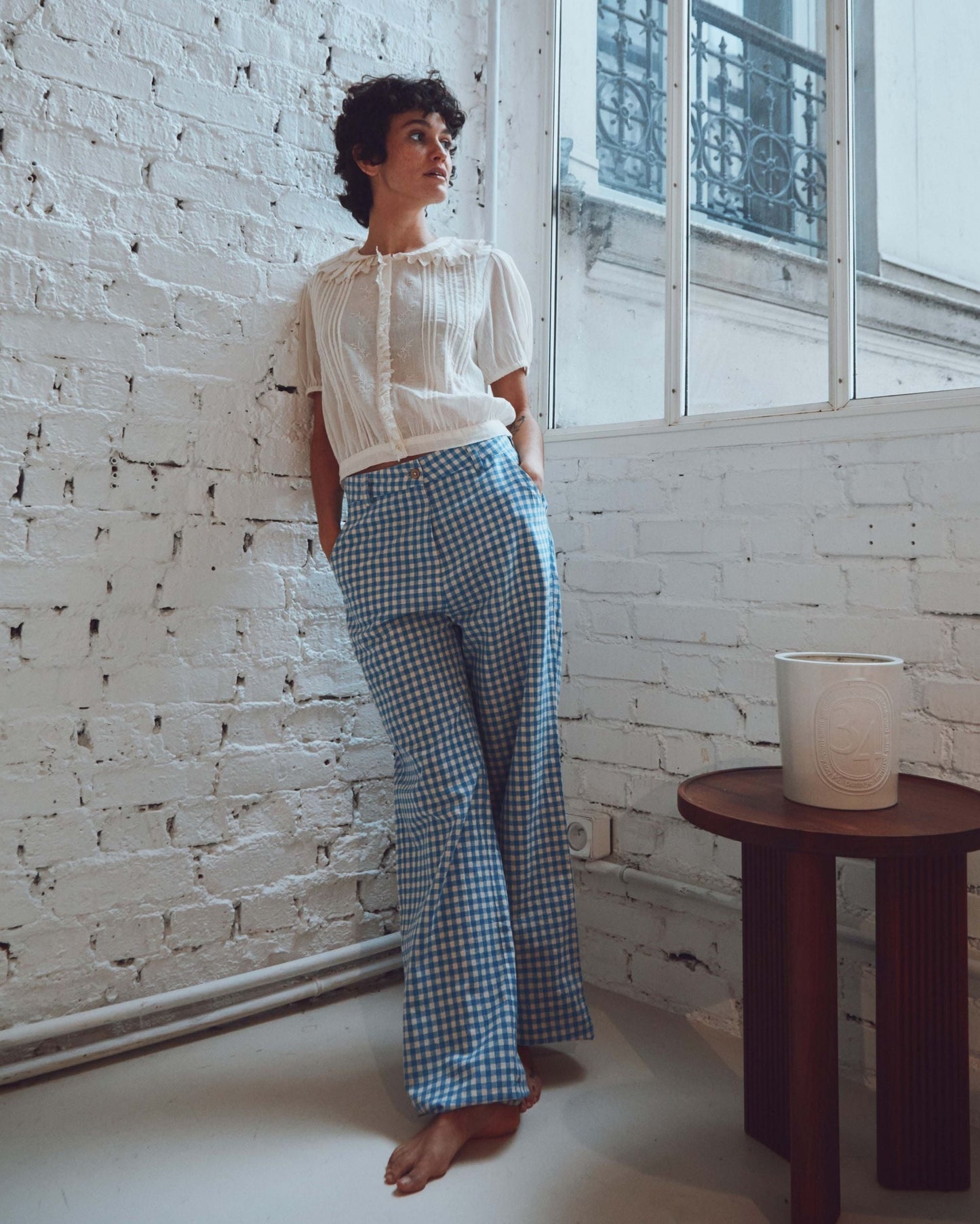 Pantalon large vichy écru et bleu