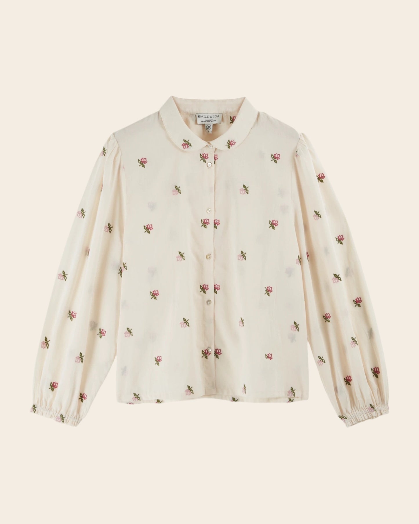 Blouse - Écru broderies roses