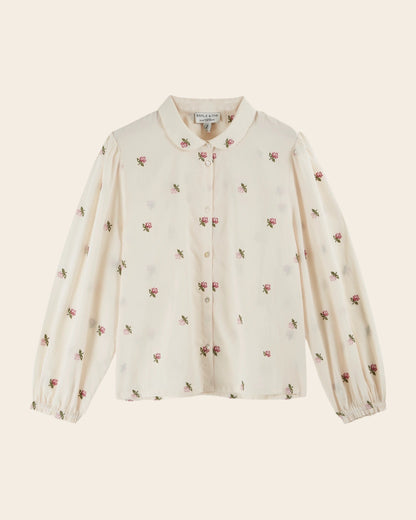 Blouse - Écru broderies roses