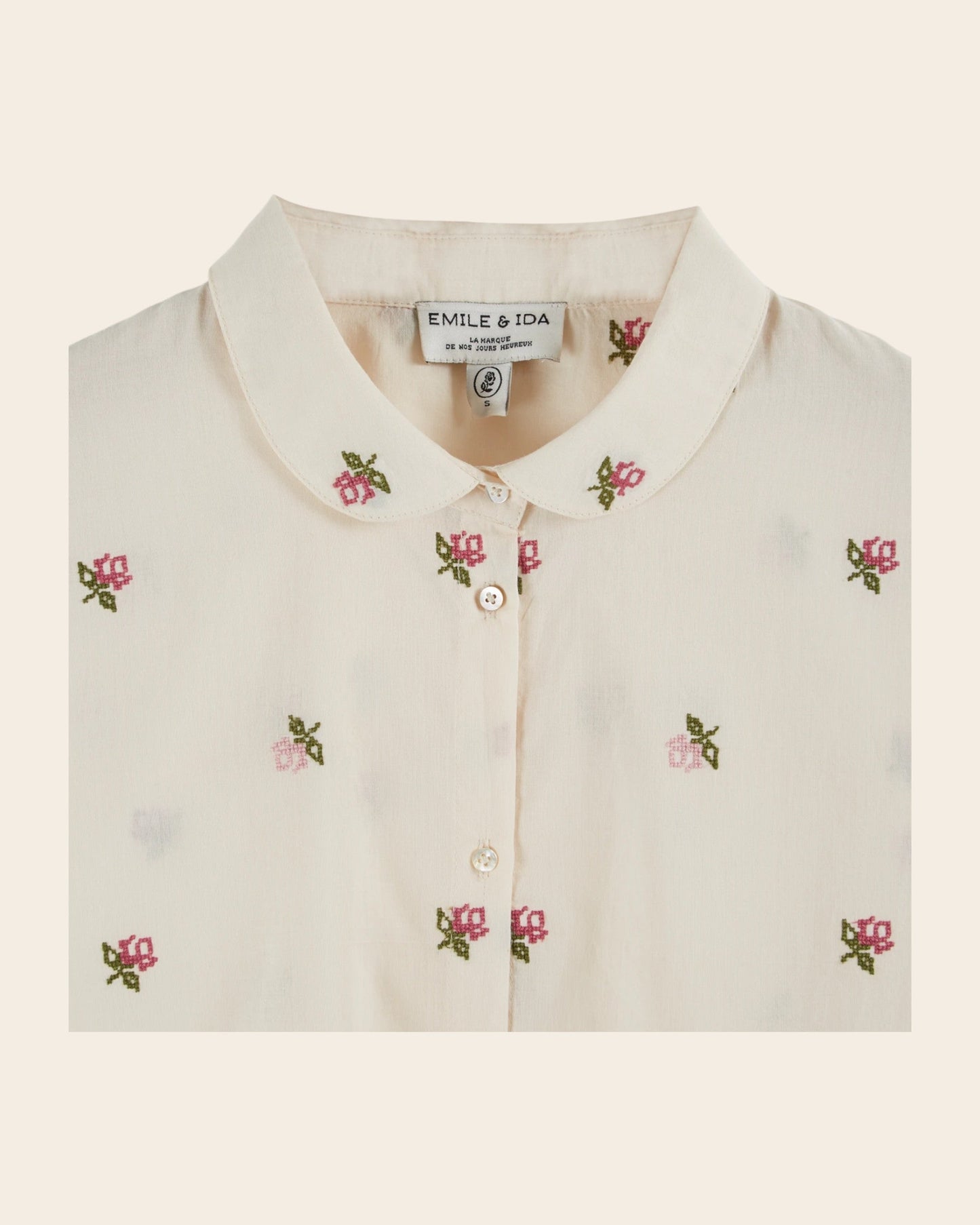 Blouse - Écru broderies roses