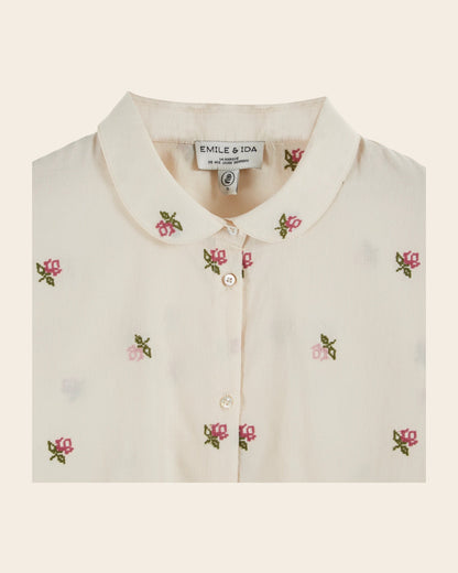 Blouse - Écru broderies roses