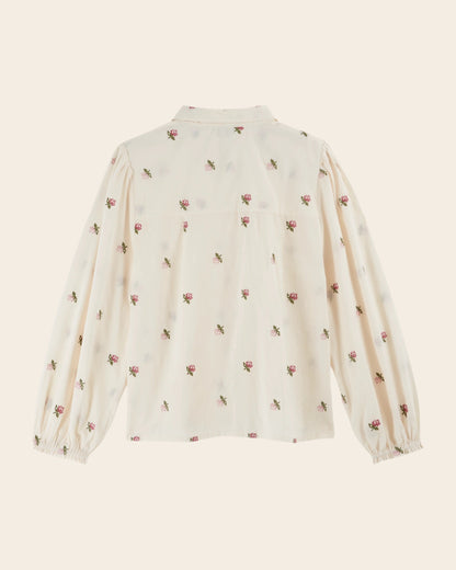 Blouse - Écru broderies roses