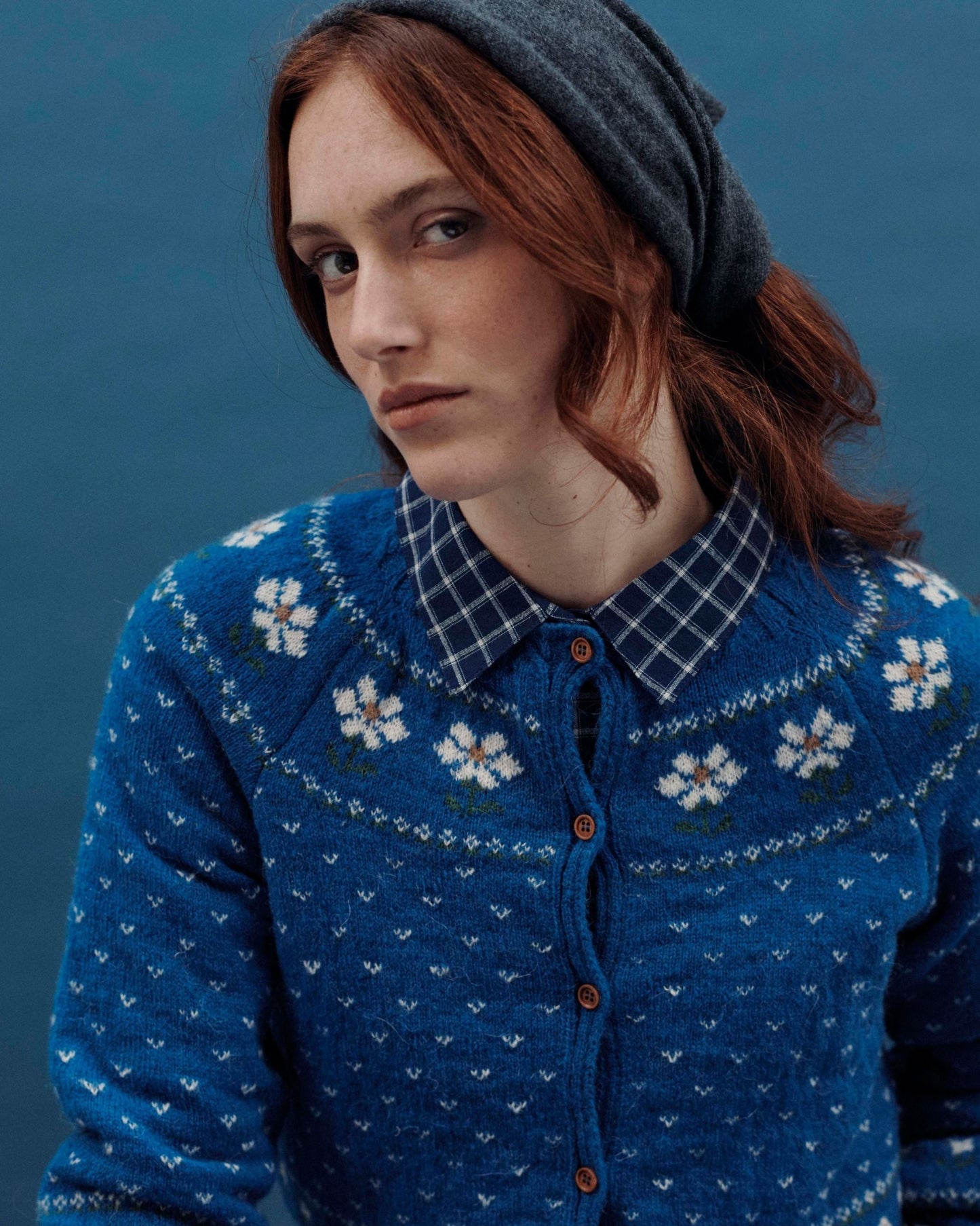 Cardigan femme - Jacquard Marguerite bleu royal
