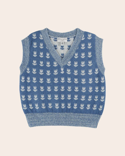 Pull - Sans manches tulipes bleu