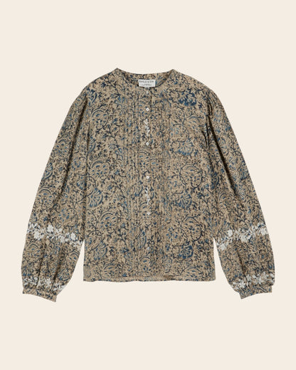 Blouse plissée block print beige