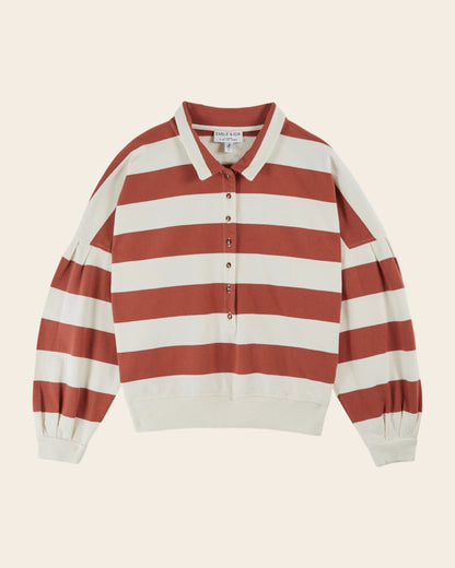 Sweat boutonné à rayures coton bio écru et brique