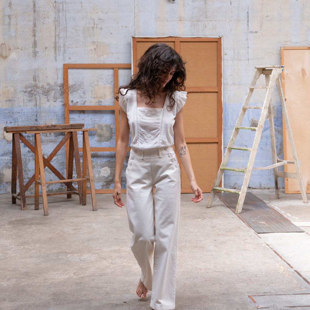 Pantalon à pont denim stretch écru