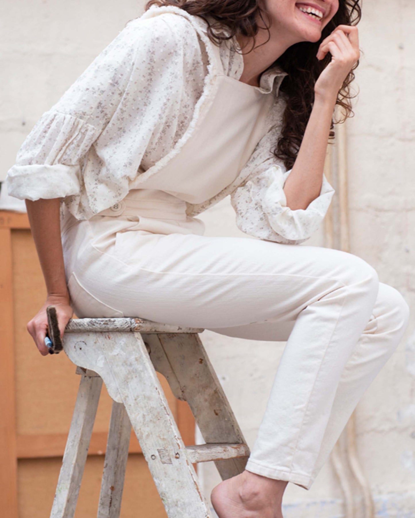 Salopette denim dos croisé écru