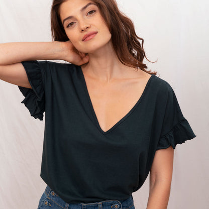 Tee-shirt volants jersey de coton biologique bitume