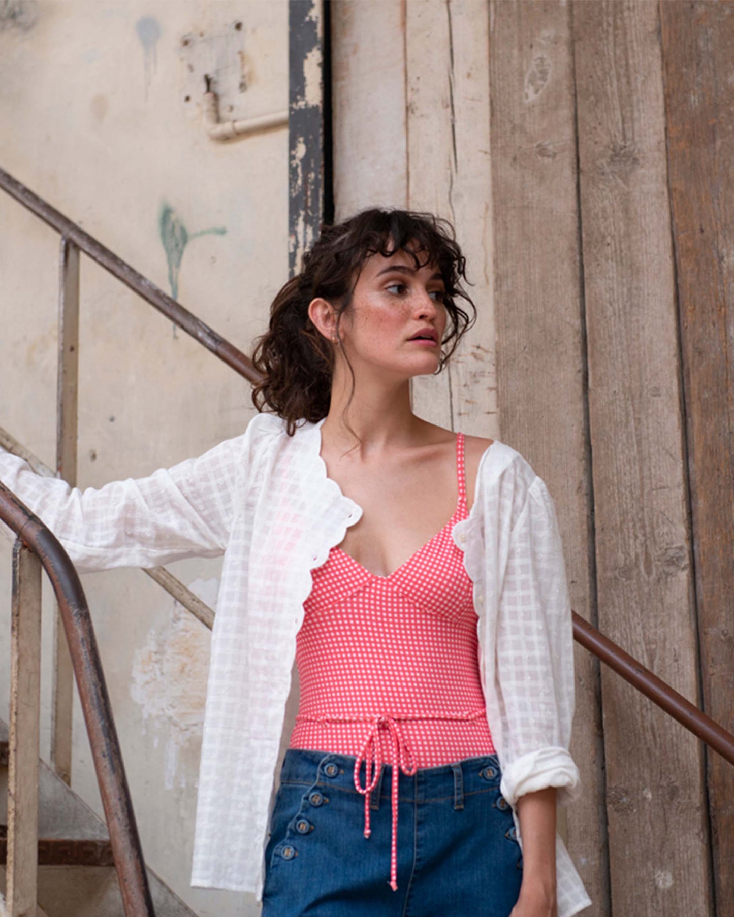 Blouse coton tramé écru et broderie anglaise