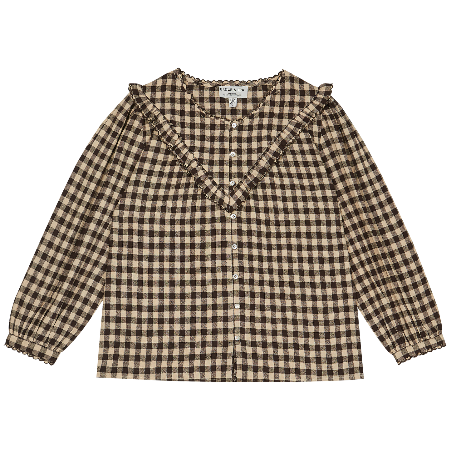 Blouse volantée coton vichy café