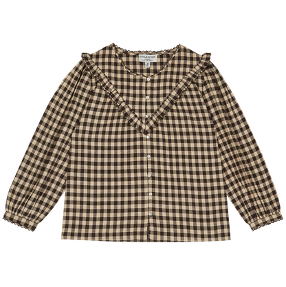 Blouse volantée coton vichy café