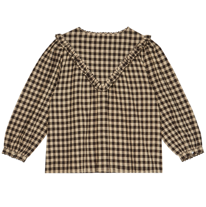 Blouse volantée coton vichy café