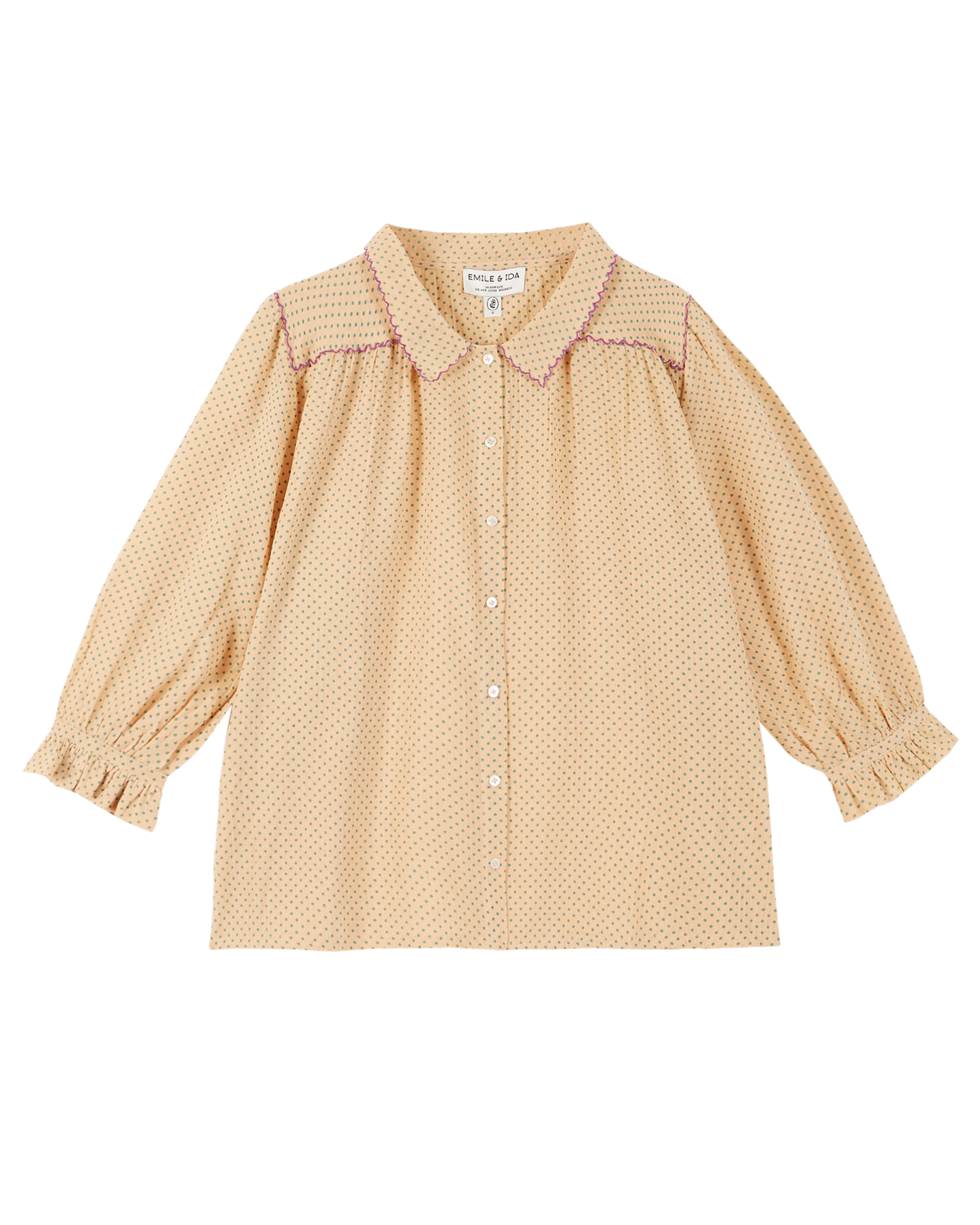 Blouse coton beige pois vert