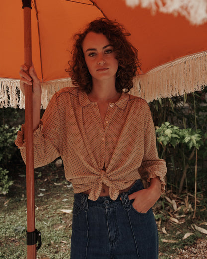 Blouse coton beige pois vert